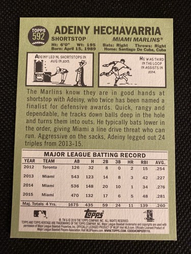 Adeiny Hechavarria Marlins 2016 Signed Auto Autographed Topps Heritage Card #592 - Picture 4 of 5