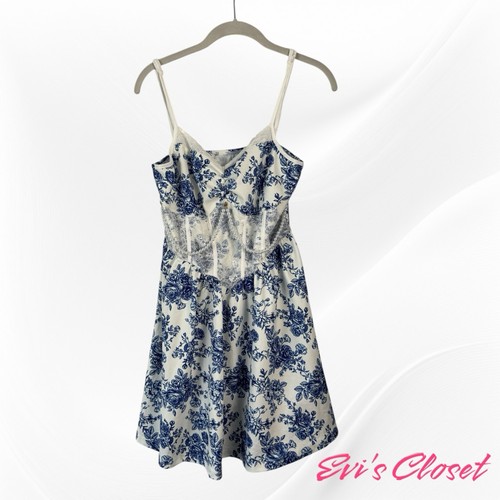Shein Mob Mini Dress Blue White Pearls And Hearts Floral Vibrant Retro Fun, Sz L - Picture 3 of 12