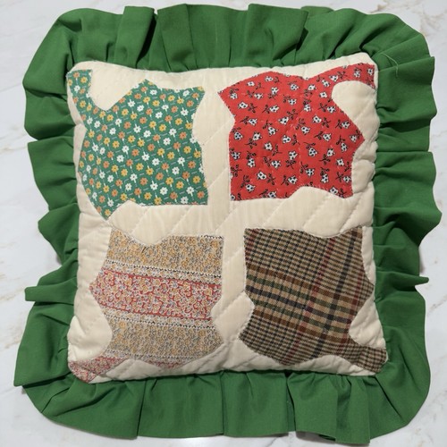 Pair Vintage Leaves Patchwork Green Throw Pillows Ruffles Quilted Country Boho - Picture 2 of 12