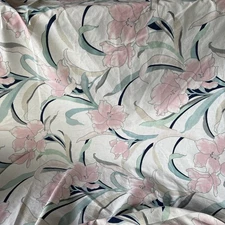 Vintage 80s Springs Art Deco Floral Queen Size Flat Sheet Pink Aqua Navy Blue