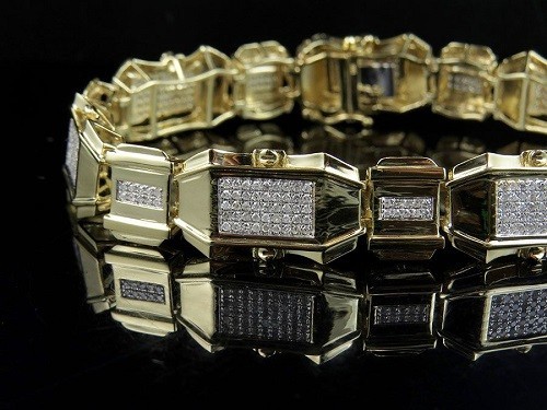 Brazalete de diamantes simulados de corte redondo de 16 quilates para hombre enchapado en oro amarillo de 14 quilates - Imagen 3 de 7