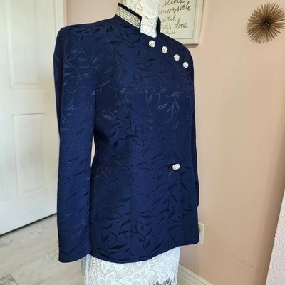 Flawless David Bijoux Stunning navy blue Blazer W Rhinestone Collar  8