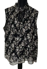 Max Studio Black Floral Sleeveless Tie Neck Pleated Blouse Top Size L
