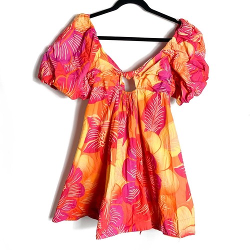 Farm Rio Sommer Garten Minikleid Blumen Puffärmel hinten zum Binden orange rosa Gr. XS - Bild 7 von 16