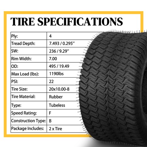 Two 20x10-8 Lawn Mower Tractor Cart Turf Tires 4 Ply Rated 20x10x8 Tubeless - Picture 5 of 8