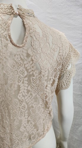 VALLEYGIRL sz 6 8 10 12 Beige LACE TOP Stretch High Neck Broidery Sleeve #C7 - Picture 4 of 10