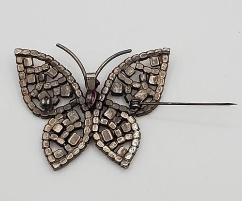 VTG Butterfly Brooch 2in Silver Tone Metal Multicolor Fiery Crystal Estate - Picture 9 of 18