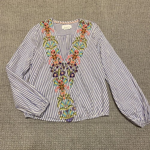 Anthropologie Shirt Damen S blau gestreift Blumen bestickt Puffärmel Bluse