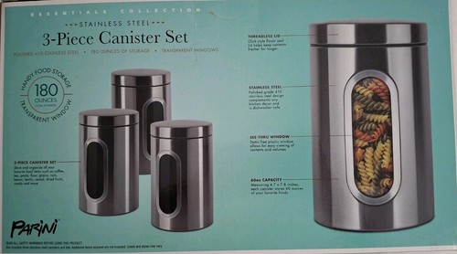 Parini 3 Piece Cannisters Set with Windows Polished Stainless Steel - NEW in BOX - Picture 2 of 9