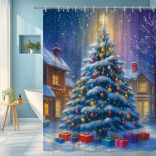 Festive Christmas Tree Snowy Night Winter Holiday Home Decor Shower Curtain