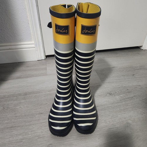 Joules Welly Rain Boots Sz 7 Rubber Waterproof Striped Black White Yellow Top