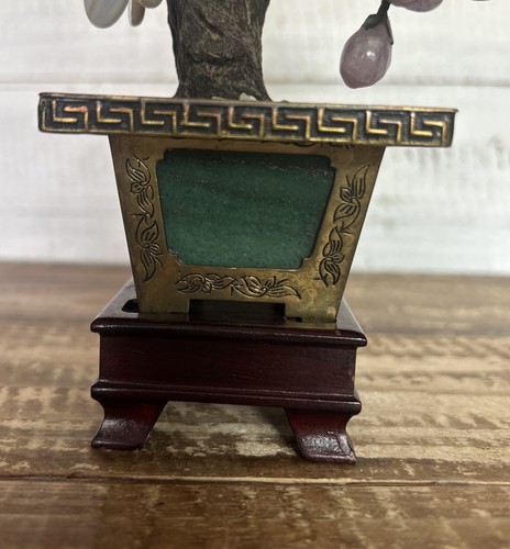 Vintage chinesischer Jade & Achat Glas Blumen Bonsai Baum in Messing Topf mit Ständer 8" - Bild 6 von 7