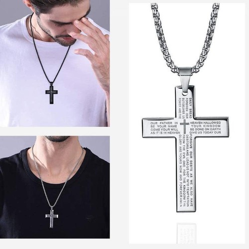 Men Boy Silver Cross Christ Jesus Bible Necklace Pendant Chain Stainless Steel - Picture 9 of 20