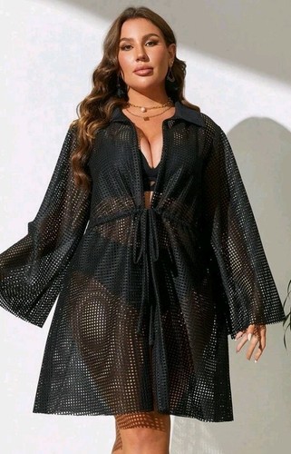 Brnd New Plus Size 22 Black Beach Pool Cover Up Textured Squares - Picture 2 of 5