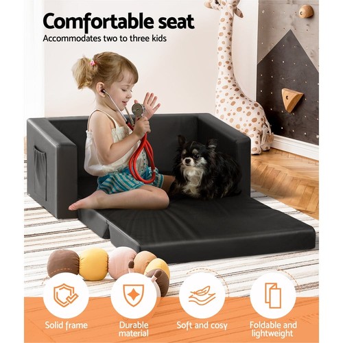 Keezi Kids Sofa 2 Seater Children Flip Open Couch PU Leather Armchair Black - Picture 5 of 8