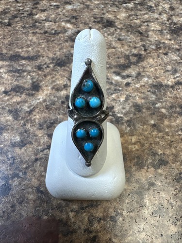 Vintage Artistic Elongated Native Sterling Silver Turquoise Ring Size 7 - Picture 6 of 9