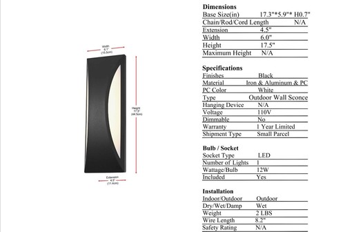 Outdoor Wall Sconce Light Fixture Modern Exterior Porch Walkway Lighting 17.5" - Picture 9 of 9