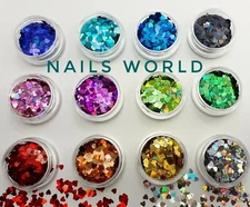 Nail Art Glitter HEART 12 Colours Holographic Valentines LOVE Manicure UK