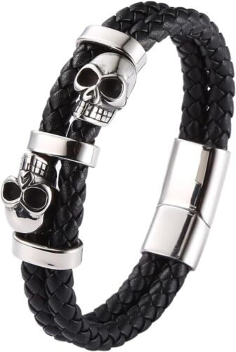 Pulsera Calavera Acero Inoxidable Cuero Trenzado Esqueleto Pulsera Punk Joyería - Imagen 9 de 35