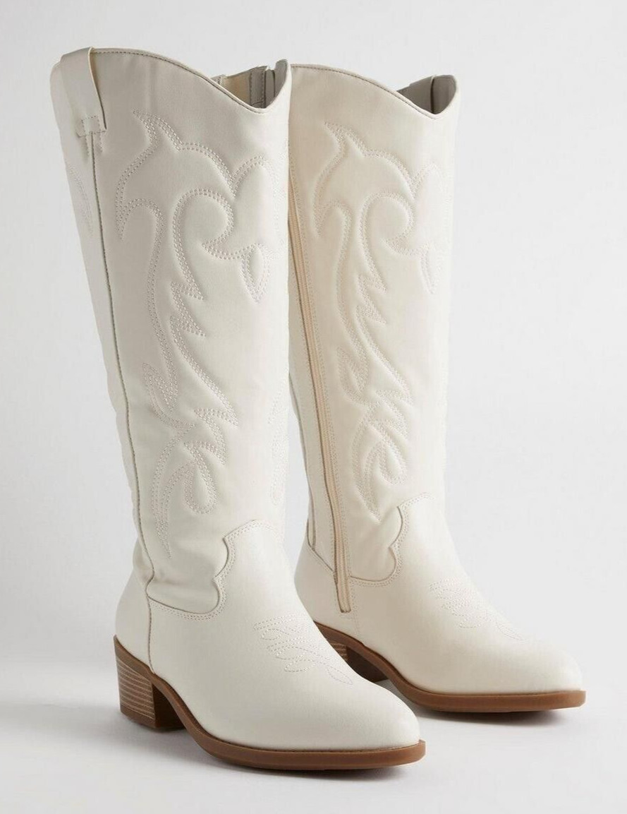 Botas hasta la rodilla Torrid Talla 9WW Ancho Ancho Blanco Vaquera Occidental Cuero Sintético