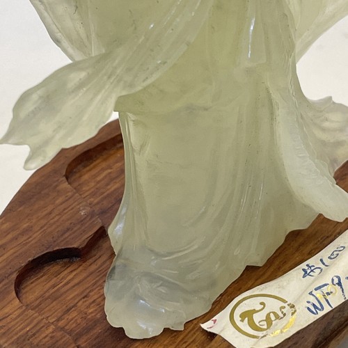 Chinese Carved Stone Guanyin Quan Yin Figure 8” Goddess Jade Green Wooden Base - Picture 12 of 17