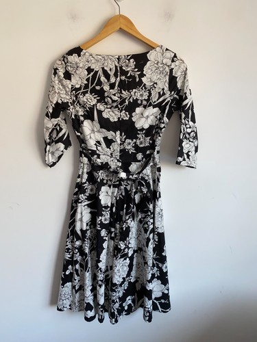 Annabelle Dress Womens Small Black White Floral Zip Half Sleeve Boat Neck Tie - Picture 3 of 9