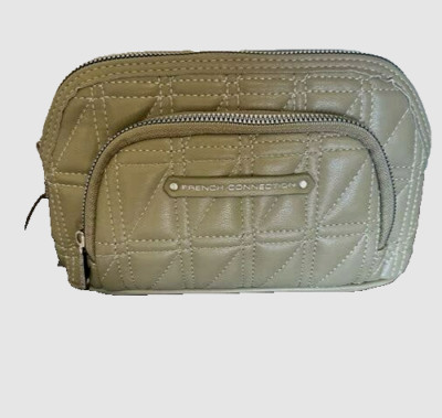 FRENCH CONNECTION Aurelia Box Quilt Slate Green Double Zipper Cosmetic Bag NWT