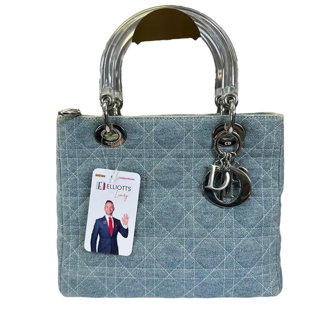Christian Dior Lady Bag Denim Medium Silver Hardware Clear Acrylic Handle Tote