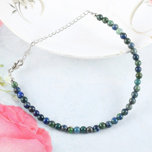 Natural Malachite In Azurite 4mm Round Beads Chain 925 Silver Women Bracelet - Picture 3 of 3