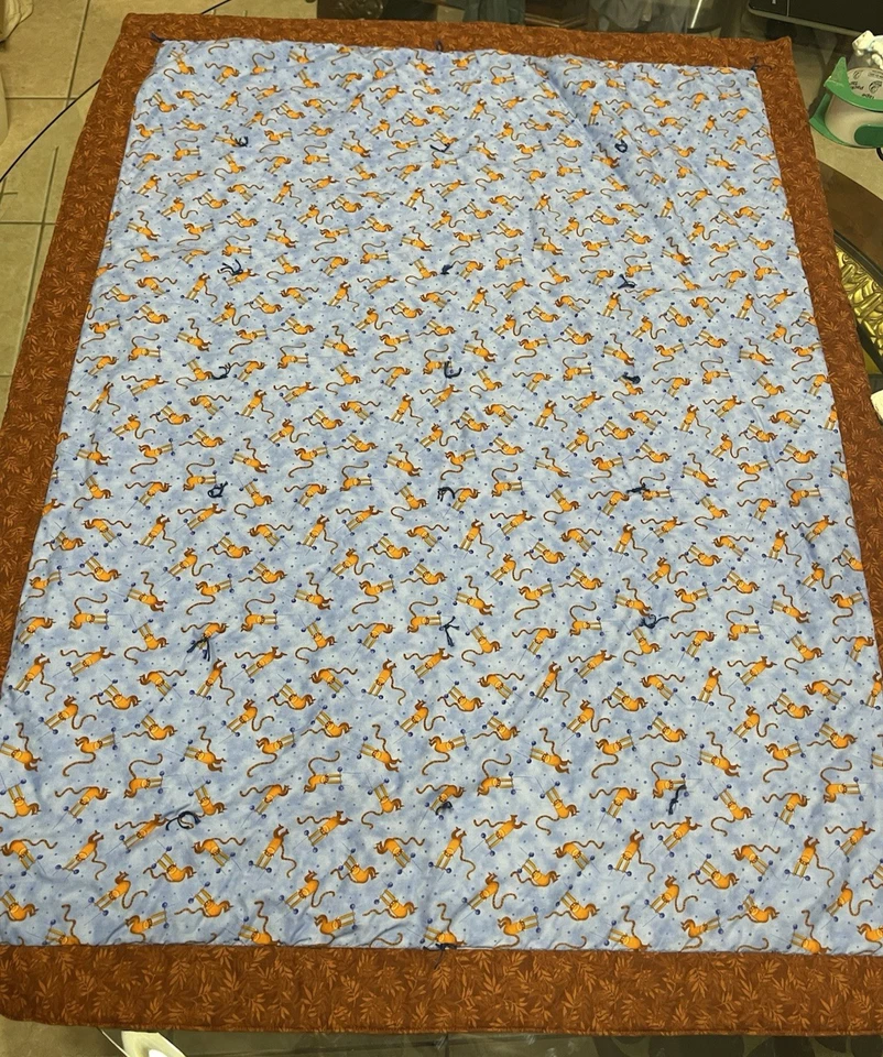 Monkey Blanket Blue Brown Cotton Quilted Swinging Handmade - Image 2 of 4