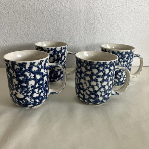 LOT/4 Tienshan Blue Sponge Stoneware Coffee Cup Mug Folk Craft EXCELLENT COND!