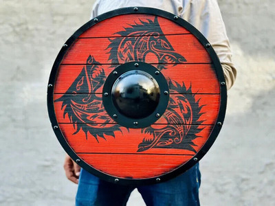 Fenrir Red Wolf Authentic Battleworn Viking Shield -Valhalla Raven Viking Shield