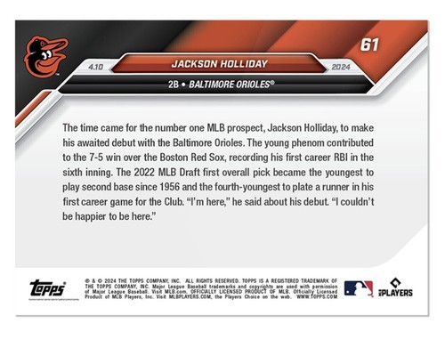 Jackson Holliday 2024 MLB Topps Now #61 Rookie Card - FIRST Topps RC!!! - Picture 2 of 2