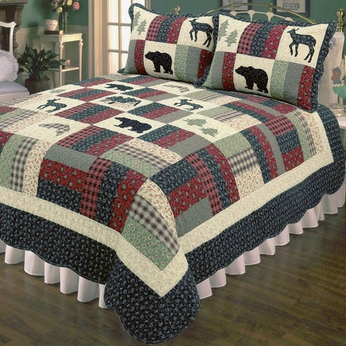 CHALET VILLAGE 3pc King QUILT SET : MOUNTAIN BLACK BEAR BUCK DEER LODGE CABIN - Picture 2 of 4