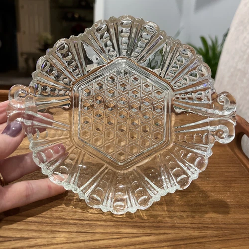 Anchor Hocking Clear Glass Vintage Dish with Hexagon and Dot & Cane Pattern 7.5”