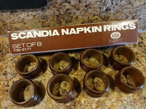 NWOT Scandia Napkin Rings Set of 8 Dark Wood 1 3/4" dia. - 1 1/4" wide