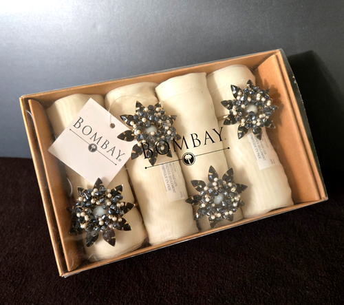 VTG Bombay Company BLACK PEARL Napkin Rings Boxed Set of 4 w/Napkins, NOS - Picture 1 of 17