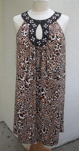 ICE Leopard Print Sleeveless Shift Beaded Keyhole Neckline 10 M Medium NWOT - Picture 3 of 10