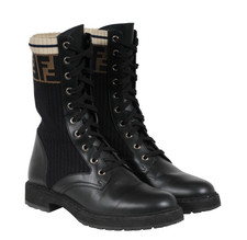 Fendi Womens Rockoko Combat Boots Us 8 Eu 38 Black Leather Ff Zucca Logo Brown
