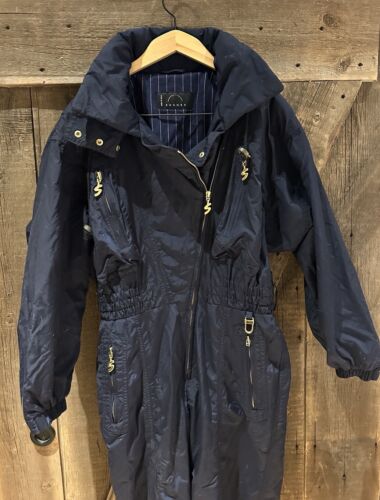 BOGNER 90s One Piece Snowsuit Navy/gold Accents Full Zip Front, Legs Wms Sz 10 - Picture 2 of 14