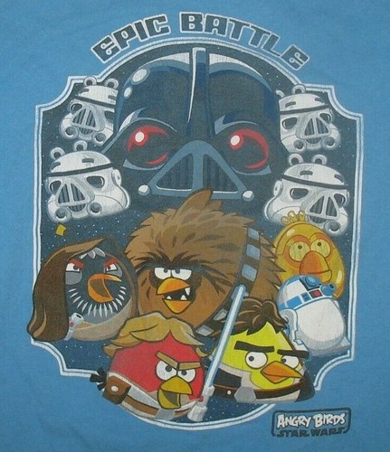 ANGRY BIRDS / STAR WARS - 7X / 8 M - BLUE COTTON KNIT T-SHIRT - EPIC BATTLE - Picture 1 of 3
