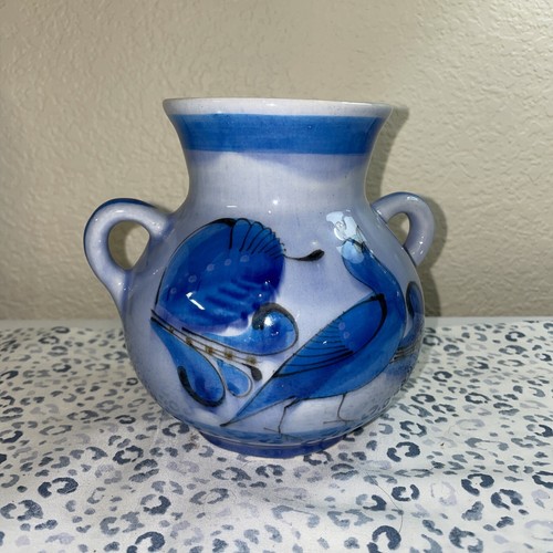MEXICAN TONALA WATER JUG JARRA PITCHER BLUES FLOWERS BIRD MEXICO POTTERY - Picture 6 of 12