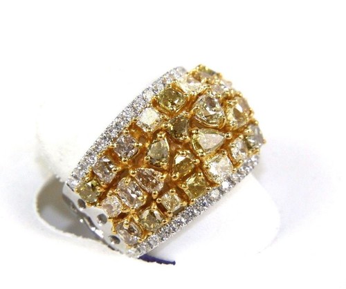 Natural Canary Yellow Diamond Mix Cut Cluster Wide Ring 14k White Gold 4.65Ct - Picture 7 of 8