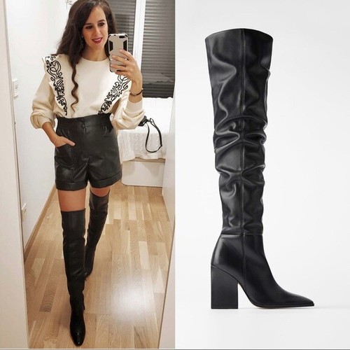 ZARA SOLD OUT LEATHER GEOMETRIC-HEEL OVER KNEE BOOTS XL LEG UK 2 EU 35 USA 5 - Picture 3 of 12