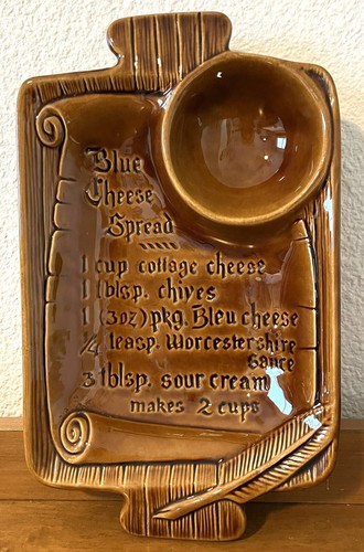 CA USA Pottery Chip And Dip Platter Blue Cheese Recipe Scroll Feather Brown VTG