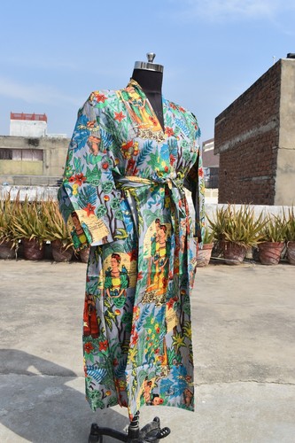 Women Bathrobe Night Wear Cotton Kimono Robe Cover Up Beach Wear Kimono Dress - Foto 3 di 5