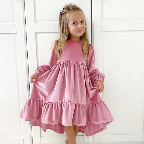 7-12 Years Girls Velvet Ruffle Hem Dress Princess Kids Party Children Clothing - Picture 28 of 29