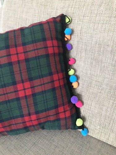 3 x Festive Tartan Christmas Cushions Pom Poms Mistletoe Poinsettia Handmade - Picture 11 of 11