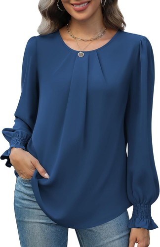 Funlingo Womens Tops Blouses Dressy Casual Long Sleeve Shirts Crew Neck Loose - Picture 14 of 133