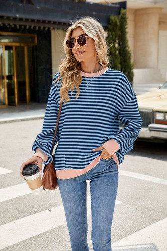 Plus Size Lady Long Sleeves Baggy Blouse Tops Striped Casual Sweatshirt Pullover - Picture 36 of 47